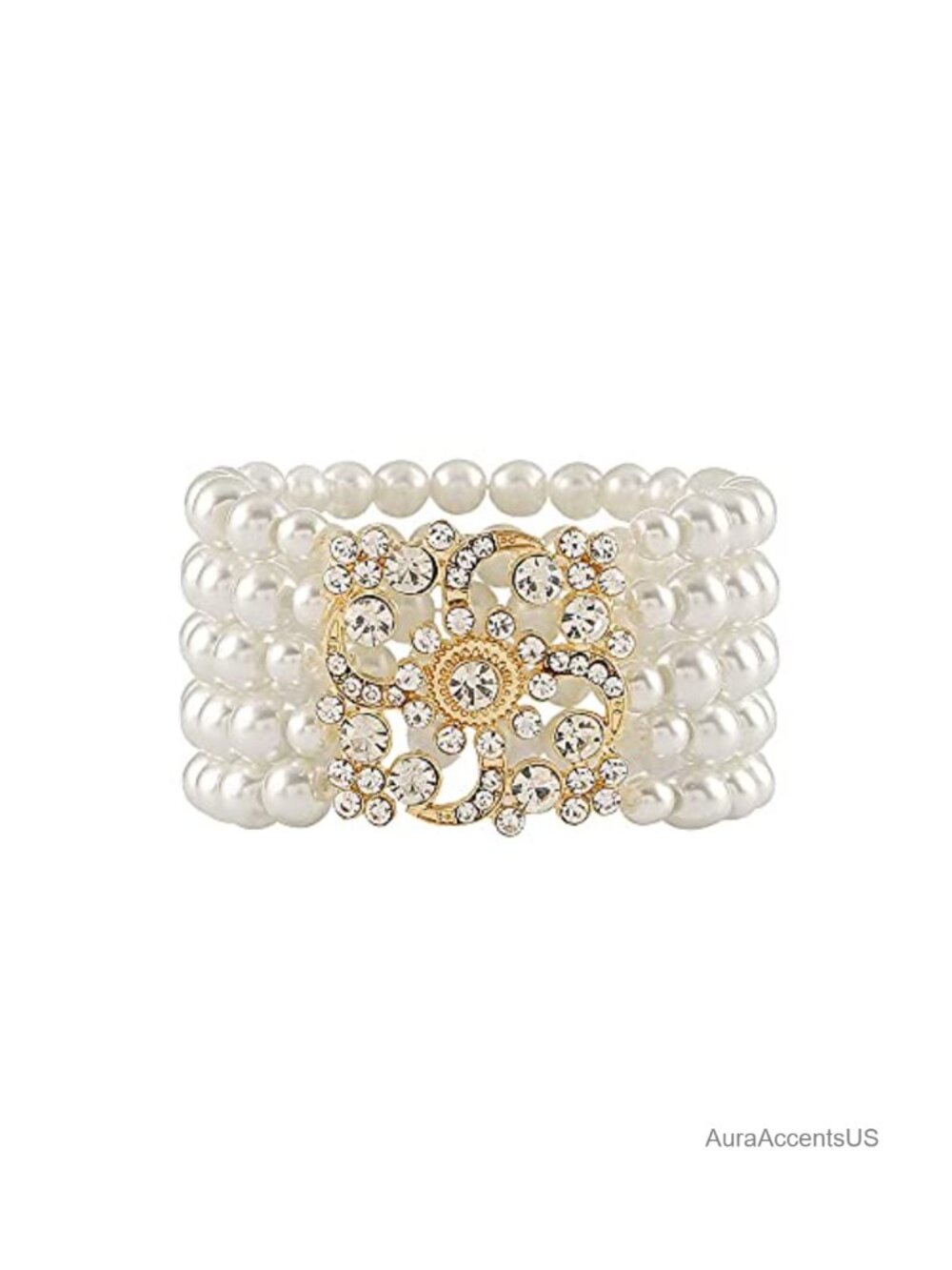 Vintage Floral Pearl Crystal Elastic Bangle Bracelet Bridal Wedding 1920s Party